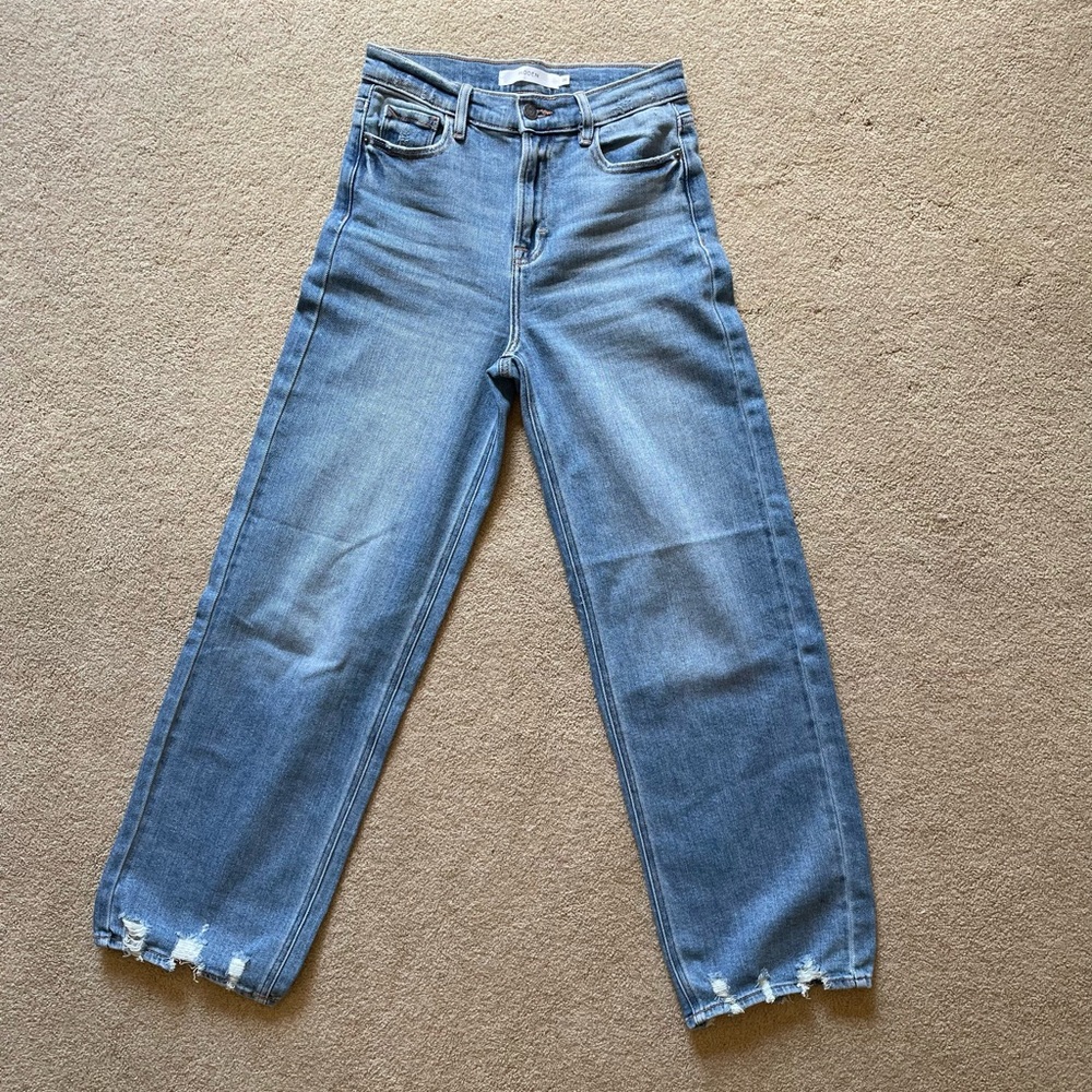 Hidden jeans, high waisted, wide leg, slight distressed look, size 26